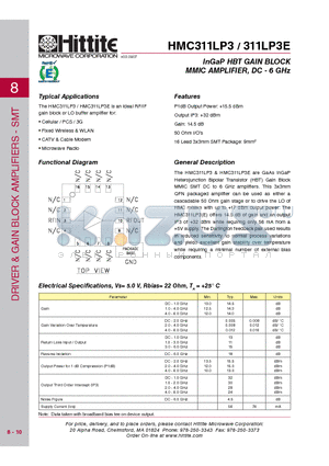 HMC311LP3_07 datasheet - InGaP HBT GAIN BLOCK MMIC AMPLIFIER, DC - 6 GHz