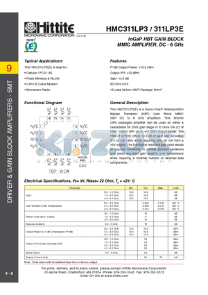 HMC311LP3_09 datasheet - InGaP HBT GAIN BLOCK MMIC AMPLIFIER, DC - 6 GHz