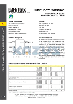 HMC311SC70 datasheet - InGaP HBT GAIN BLOCK MMIC AMPLIFIER, DC - 8 GHz