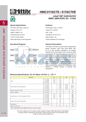 HMC311SC70 datasheet - InGaP HBT GAIN BLOCK MMIC AMPLIFIER, DC - 8 GHz