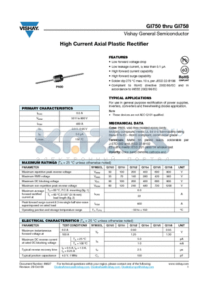 GI754 datasheet - High Current Axial Plastic Rectifier