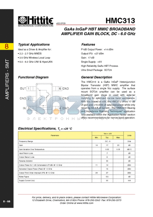 HMC313 datasheet - GaAs InGaP HBT MMIC BROADBAND AMPLIFIER GAIN BLOCK, DC - 6.0 GHz