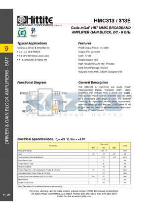HMC313E datasheet - GaAs InGaP HBT MMIC BROADBAND AMPLIFIER GAIN BLOCK, DC - 6 GHz