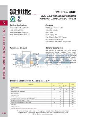 HMC313 datasheet - GaAs InGaP HBT MMIC BROADBAND AMPLIFIER GAIN BLOCK, DC - 6.0 GHz