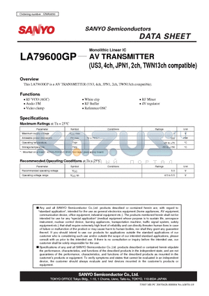 LA79600GP datasheet - Monolithic Linear IC AV TRANSMITTER (US3, 4ch, JPN1, 2ch, TWN13ch compatible)