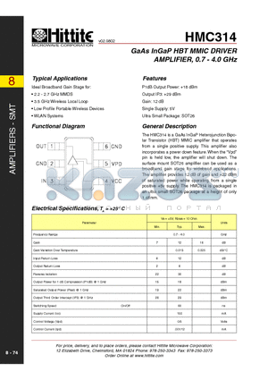 HMC314 datasheet - GaAs InGaP HBT MMIC DRIVER AMPLIFIER, 0.7 - 4.0 GHz