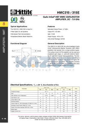 HMC315 datasheet - GaAs InGaP HBT MMIC DARLINGTON AMPLIFIER, DC - 7.0 GHz