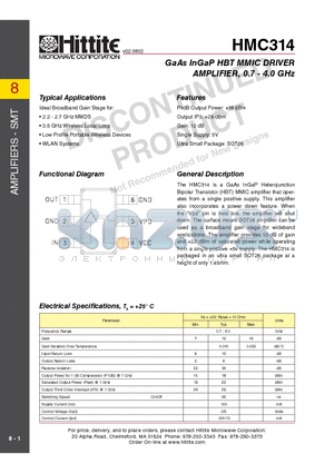 HMC314_10 datasheet - GaAs InGaP HBT MMIC DRIVER AMPLIFIER, 0.7 - 4.0 GHz