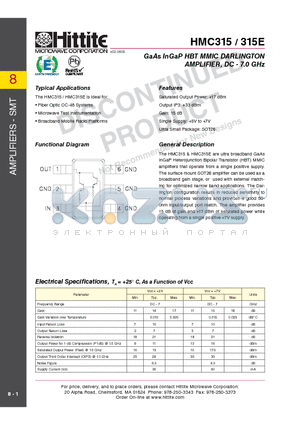 HMC315_10 datasheet - GaAs InGaP HBT MMIC DARLINGTON AMPLIFIER, DC - 7.0 GHz