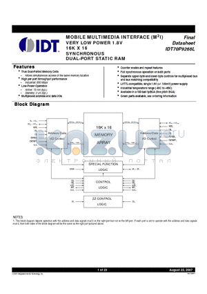 IDT70P9268L datasheet - MOBILE MULTIMEDIA INTERFACE VERY LOW POWER 1.8V 16K X 16 SYNCHRONOUS DUAL-PORT STATIC RAM