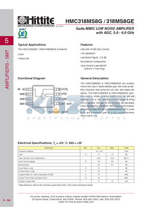 HMC318MS8G datasheet - GaAs MMIC LOW NOISE AMPLIFIER with AGC, 5.0 - 6.0 GHz