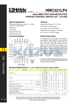 HMC321LP4 datasheet - GaAs MMIC SP8T NON-REFLECTIVE POSITIVE CONTROL SWITCH, DC - 8.0 GHz