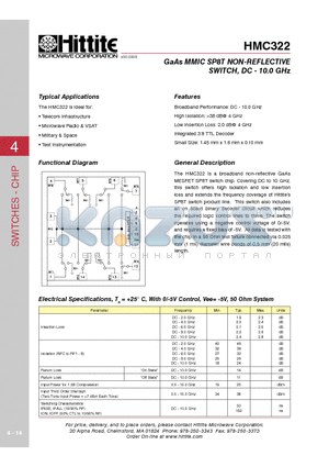 HMC322 datasheet - GaAs MMIC SP8T NON-REFLECTIVE SWITCH, DC - 10.0 GHz