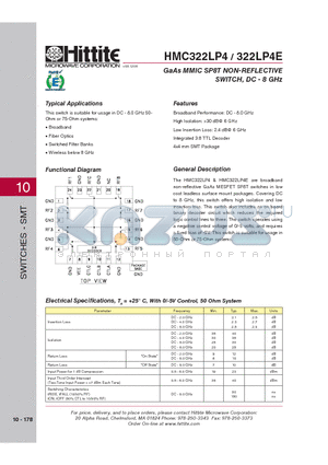 HMC322LP4E datasheet - GaAs MMIC SP8T NON-REFLECTIVE SWITCH, DC - 8 GHz
