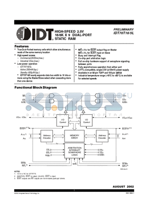 IDT70T16 datasheet - HIGH-SPEED 2.5V 16/8K X 9 DUAL-PORT STATIC RAM