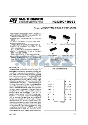 HCC4098B datasheet - DUAL MONOSTABLE MULTIVIBRATOR