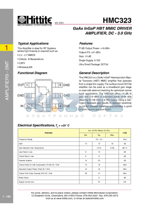 HMC323 datasheet - GaAs InGaP HBT MMIC DRIVER AMPLIFIER, DC - 3.0 GHz