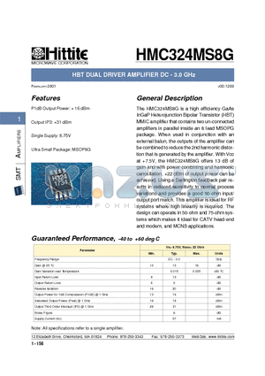 HMC324MS8G datasheet - HBT DUAL DRIVER AMPLIFIER DC - 3.0 GHz
