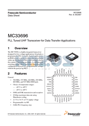 MC33696 datasheet - PLL Tuned UHF Transceiver for Data Transfer Applications