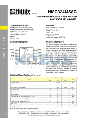 HMC324MS8G datasheet - GaAs InGaP HBT MMIC DUAL DRIVER AMPLIFIER, DC - 3.0 GHz