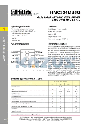 HMC324MS8G_01 datasheet - GaAs InGaP HBT MMIC DUAL DRIVER AMPLIFIER, DC - 3.0 GHz