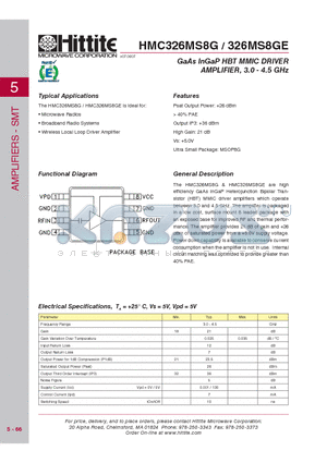 HMC326MS8G datasheet - GaAs InGaP HBT MMIC DRIVER AMPLIFIER, 3.0 - 4.5 GHz