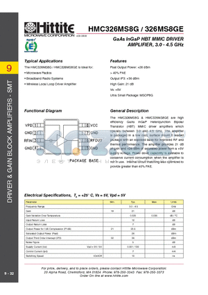HMC326MS8GE datasheet - GaAs InGaP HBT MMIC DRIVER AMPLIFIER, 3.0 - 4.5 GHz