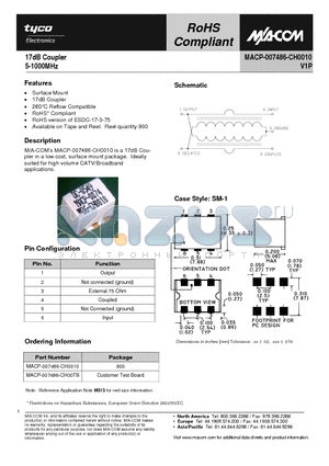 MACP-007486-CH0010 datasheet - 17dB Coupler 5-1000MHz