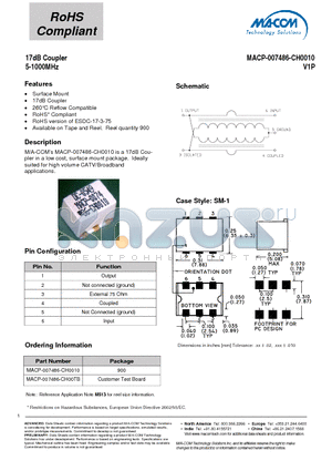 MACP-007486-CH0010 datasheet - 17dB Coupler 5-1000MHz