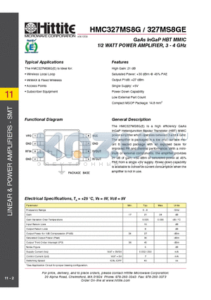 HMC327MS8G datasheet - GaAs InGaP HBT MMIC 1/2 WATT POWER AMPLIFIER, 3 - 4 GHz