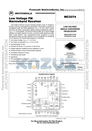 MC3374 datasheet - Low Voltage FM Narrowband Receiver
