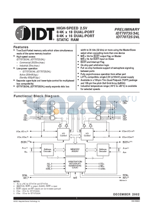 IDT70T24L25BFI datasheet - HIGH-SPEED 2.5V 8/4K x 18 DUAL-PORT 8/4K x 16 DUAL-PORT STATIC RAM