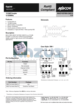 MACP-007490-CA0010 datasheet - 10.5dB Coupler 5-1000MHz