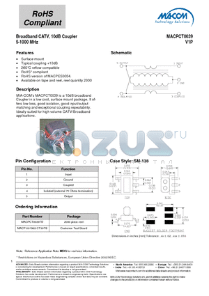 MACP-007982-CT39TB datasheet - Broadband CATV, 10dB Coupler 5-1000 MHz