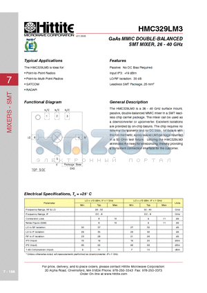 HMC329LM3 datasheet - GaAs MMIC DOUBLE-BALANCED SMT MIXER, 26 - 40 GHz