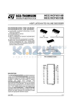 HCC4515BEY datasheet - 4-BIT LATCH/4-TO-16 LINE DECODER