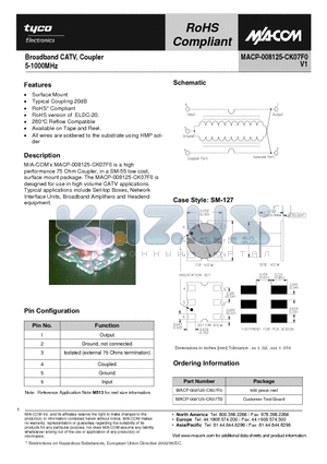 MACP-008125-CK07F0 datasheet - Broadband CATV, Coupler 5-1000MHz