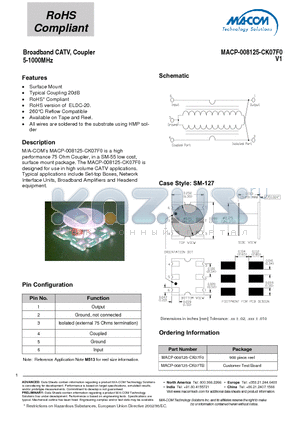 MACP-008125-CK07F0 datasheet - Broadband CATV, Coupler 5-1000MHz