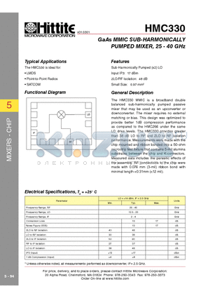 HMC330_01 datasheet - GaAs MMIC SUB-HARMONICALLY PUMPED MIXER, 25 - 40 GHz