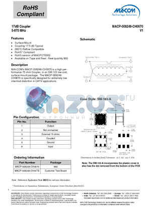 MACP-008248-CH0670 datasheet - 17dB Coupler 5-870 MHz