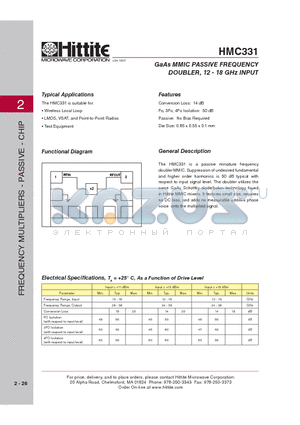 HMC331_08 datasheet - GaAs MMIC PASSIVE FREQUENCY DOUBLER, 12 - 18 GHz INPUT