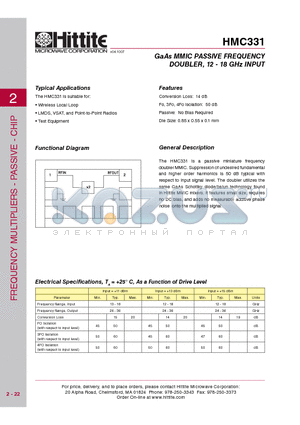 HMC331_09 datasheet - GaAs MMIC PASSIVE FREQUENCY DOUBLER, 12 - 18 GHz INPUT