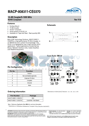 MACP-008311-CE0370 datasheet - 14 dB Coupler/5-1000 MHz ROHS Compliant