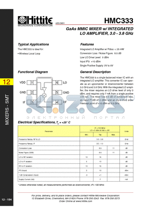 HMC333 datasheet - GaAs MMIC MIXER w/ INTEGRATED LO AMPLIFIER, 3.0 - 3.8 GHz