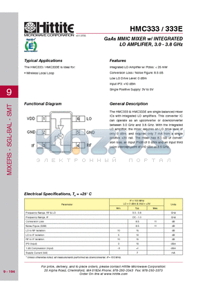 HMC333 datasheet - GaAs MMIC MIXER w/ INTEGRATED LO AMPLIFIER, 3.0 - 3.8 GHz
