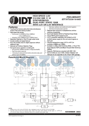 IDT70T3319S200DD datasheet - HIGH-SPEED 2.5V 512/256/128K X 18 SYNCHRONOUS DUAL-PORT STATIC RAM WITH 3.3V OR 2.5V INTERFACE