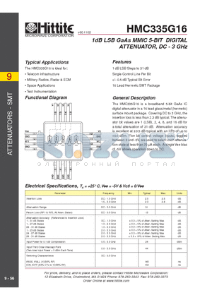 HMC335G16 datasheet - 1dB LSB GaAs MMIC 5-BIT DIGITAL ATTENUATOR, DC - 3 GHz