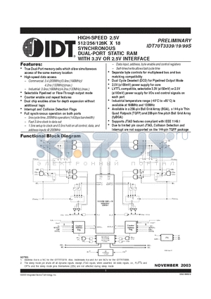 IDT70T3339S200BFI datasheet - HIGH-SPEED 2.5V 512/256/128K X 18 SYNCHRONOUS DUAL-PORT STATIC RAM WITH 3.3V OR 2.5V INTERFACE