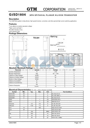 GISD1804 datasheet - NPN EPITAXIAL PLANAR SILICON TRANSISTOR