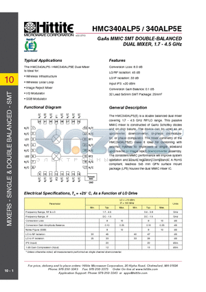 HMC340ALP5 datasheet - GaAs MMIC SMT Double-Ba lanced DUAL Mixer, 1.7 - 4.5 GHz